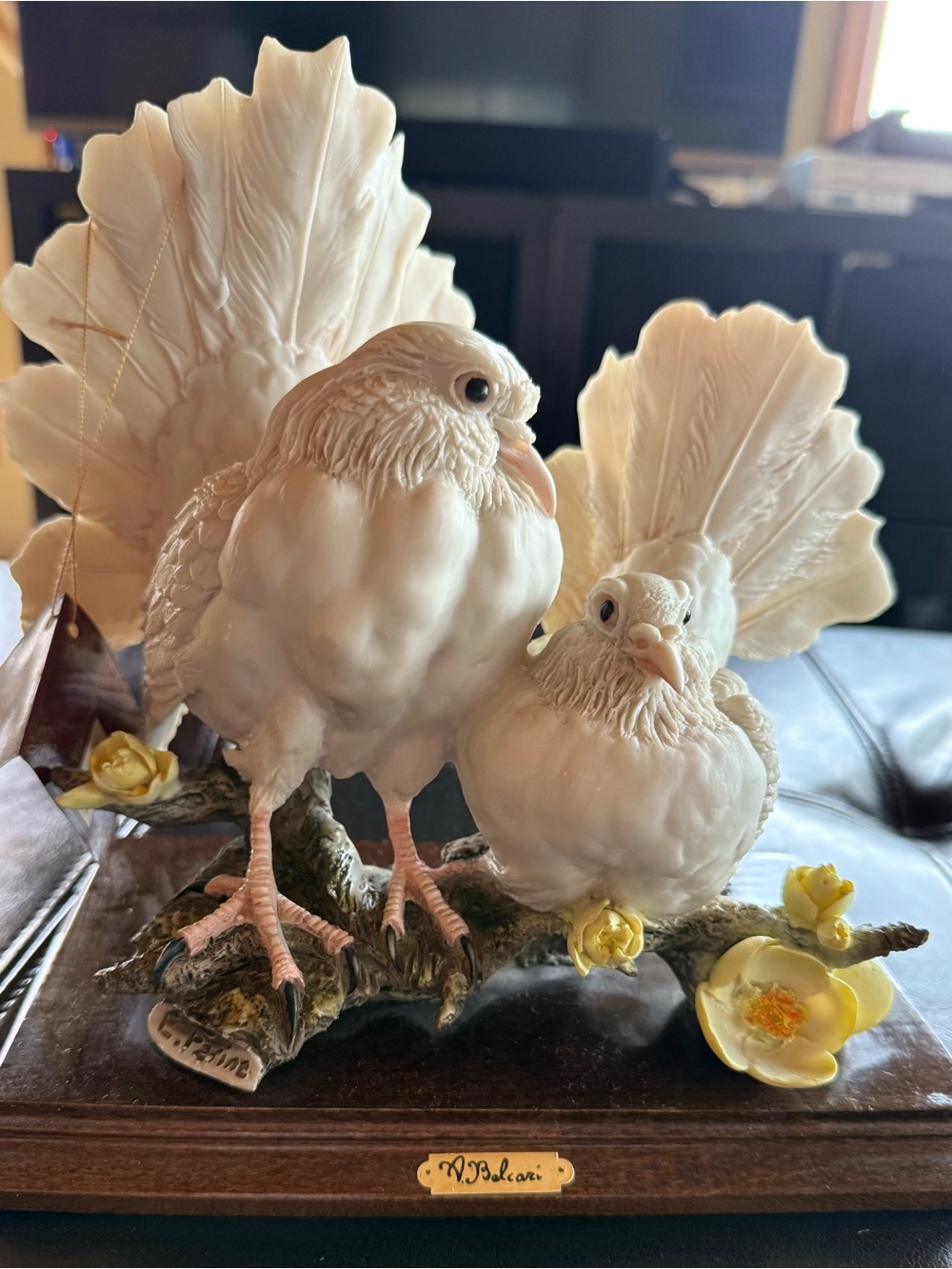 Capodimonte Pair of White Porcelain pigeons Figurine with Yellow Flower Accent